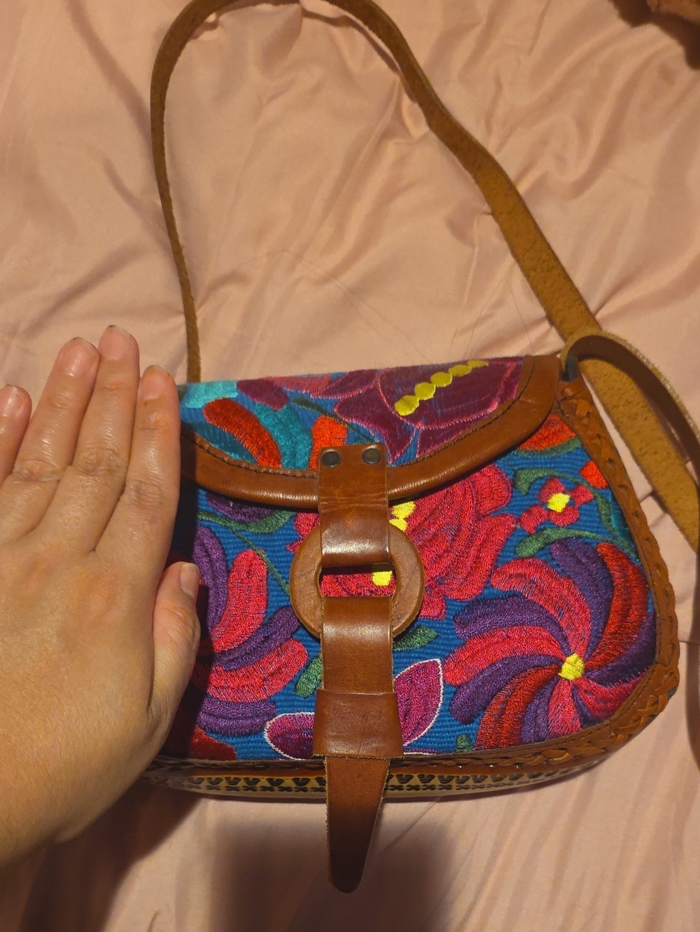 Boho Embroidered Crossbody Bag in Multicolor with Leather Trim